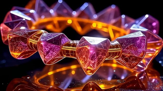 In a hypnotic helix, crystallized vitamin shards orbiting core merge and split into countless reflections, each exhibiting a spectrum of bright yellows and deep purples, their movements