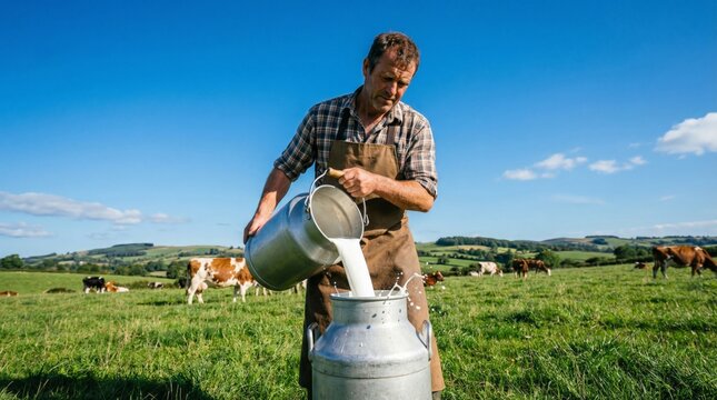 Farmer wearing an apron and plaid shirt pouring fresh, raw milk from a smaller pail into a large aluminum milk churn, standing in a green pasture with cows grazing under a blue sky