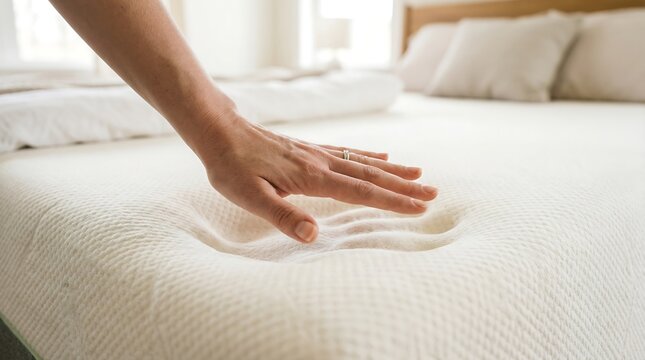 Hand pressing into soft memory foam mattress for comfort and support.