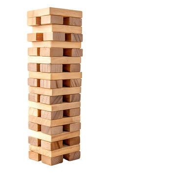 Tall Tower of Wooden Blocks for Stacking Strategy Game, Isolated