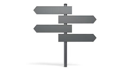 A gray signpost with three blank directional signs stands alone.