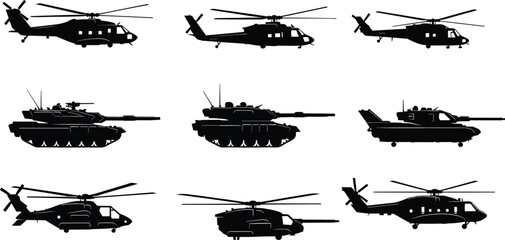 Military vehicle silhouette set featuring army tanks and helicopters isolated on white background for war games and tactical combat design projects © Rubina