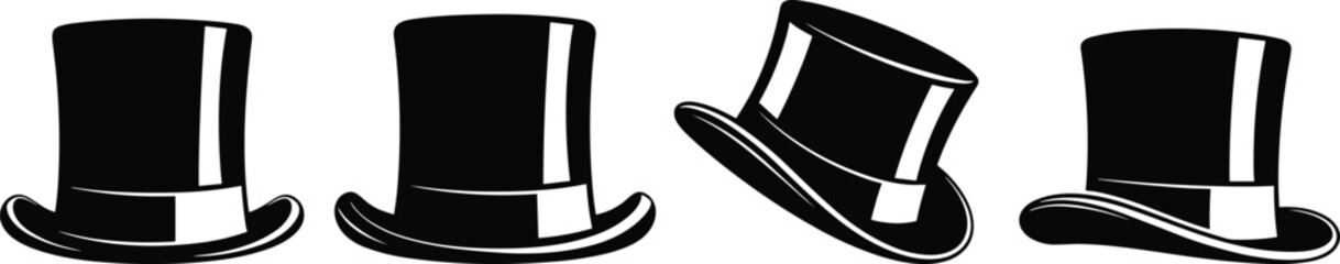 Set of four black top hat silhouettes in various angles and positions isolated on white background for formal fashion and magic designs © Rubina