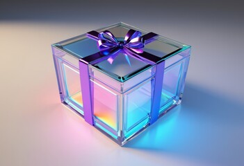 Transparent glass gift box with a purple ribbon
