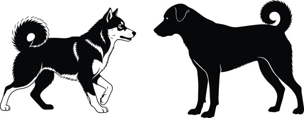 Black and White Vector Silhouette Illustration of Two Dogs Facing Each Other Featuring a Siberian Husky and a Large Guard Dog © Rubina