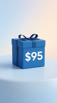 Vibrant blue gift box with navy ribbon bow and bold white ninety-five dollar price tag for e-commerce marketing and promotional campaigns on neutral studio background
