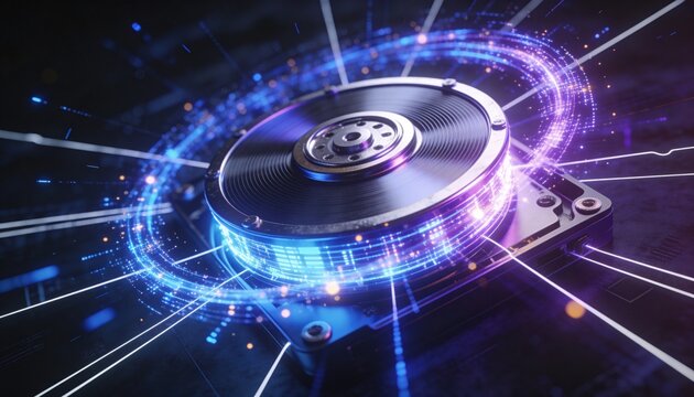 HDD Drive Data Flow: Depicting Hard drive with glowing digital paths conveying the relentless flow of data in an age defined by information and connectivity.