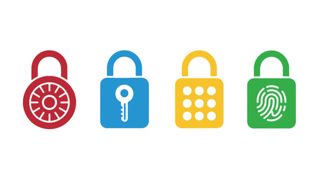 A set of colorful padlock icons with different security features