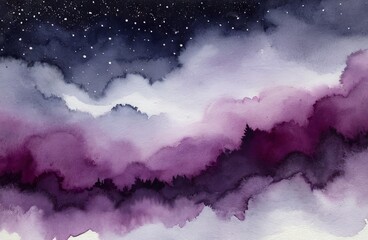 Mystical purple night sky clouds watercolor background