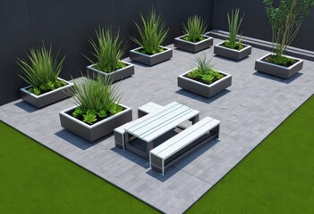 Modern outdoor bench and planter set