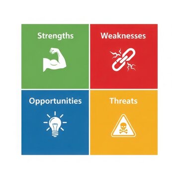 SWOT Analysis Diagram Showing Strengths, Weaknesses, Opportunities, and Threats with Icons