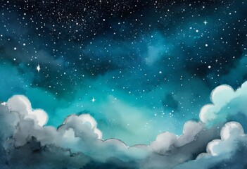 Mystical watercolor background of starry sky and sea of clouds over mountains