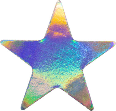 Holographic star sticker with iridescent foil texture isolated on white background