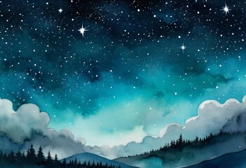 Mystical watercolor background of starry sky and sea of clouds over mountains