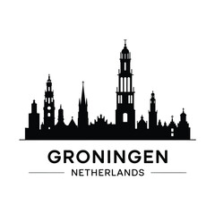 Fototapeta premium Groningen skyline illustration with prominent towers and city name below