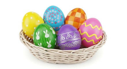 Colorful easter eggs in a woven basket on a white background