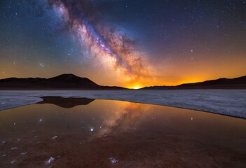 Majestic galaxy and starry sky reflected on mirror-like water surface
