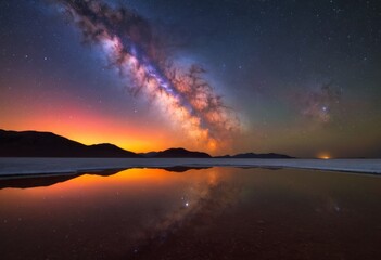 Majestic galaxy and starry sky reflected on mirror-like water surface