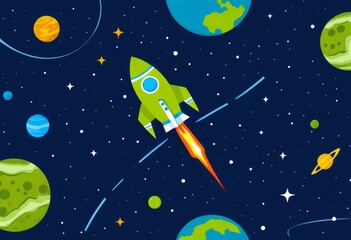 Retro space shuttle launch with starry sky and planets background