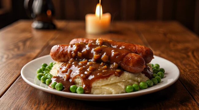 Sausage Mashed Potatoes with Gravy Pour &ndash; Comfort Food Closeup