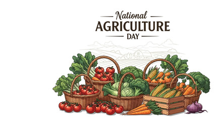 Illustration of baskets filled with fresh vegetables celebrating National Agriculture Day with a vibrant and colorful design on a clean white background. © Rizal