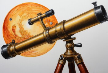 Antique brass astronomical telescope with a giant planet in the background