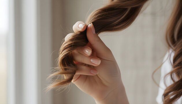 Close-up of a young girl twisting her healthy brown hair around a finger, highlighting natural beauty and self-care concept