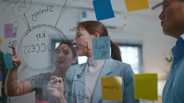 Group of young asian creative business brain storm meeting presentation,discussing roadmap to product launch, planning,strategy,new business development,working with new startup project in office.
