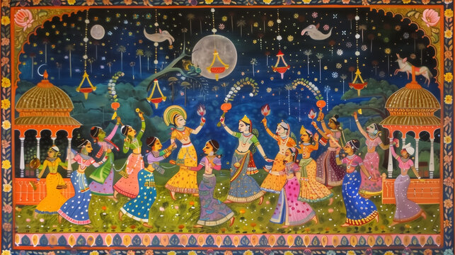 Traditional painting depicting Lord Krishna performing Raas Leela with gopis under a starry night sky.