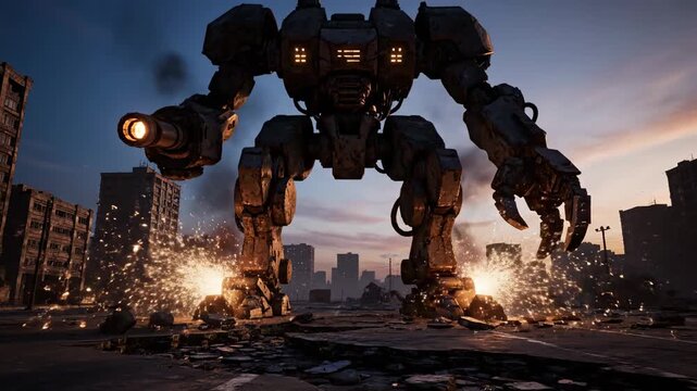 A large, detailed mechanical war machine in a ruined city