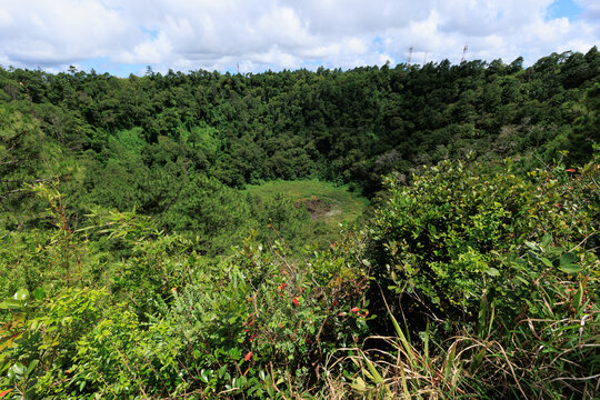 landscape of Trou Aux Cerfs Volcano with green grass and flowers in mauritius