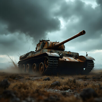 Rusting Panzer tank in a desolate landscape