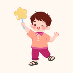 A cheerful cartoon boy with brown hair holding a yellow star lollipop, smiling happily.