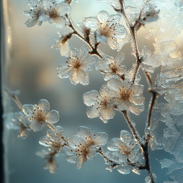 Frosty flowers on window, close-up shot.