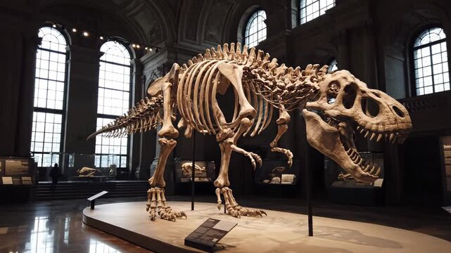 A large dinosaur skeleton display inside a museum, lit by natural light
