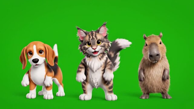 Cute cartoon style dog cat and capybara dancing together in synchronized movement cheerful expressions lively tail wagging and ear twitching smooth fluid animation soft shaded textures bright vibrant 