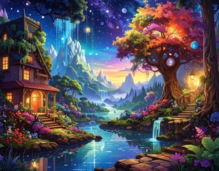 A serene fantasy landscape with a house, tree, and mountain range
