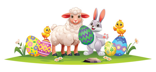 Fototapeta premium Standing lamb and rabbit with little chicks among many patterned Easter eggs. Vector cartoon illustration