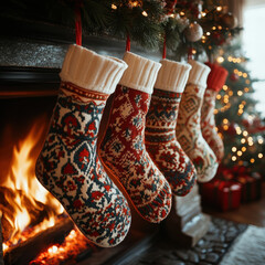 Christmas stockings hanging on a fireplace.