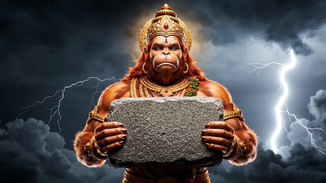 A majestic anthropomorphic primate figure with ornate golden adornments, holding a stone tablet under a dramatic, stormy sky with lightning
