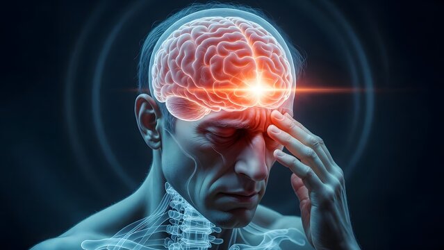 Frontal lobe headache and sinus pressure pain. Medical diagnosis and chronic migraine. Man touching forehead with glowing light effect on the prefrontal cortex