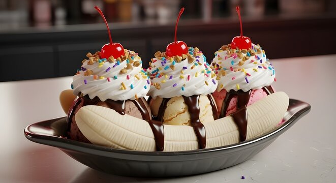 Classic Banana Split with Vanilla Chocolate Strawberry Ice Cream, Whipped Cream Toppings Maraschino Cherries and Chocolate Drizzle, Dessert Closeup