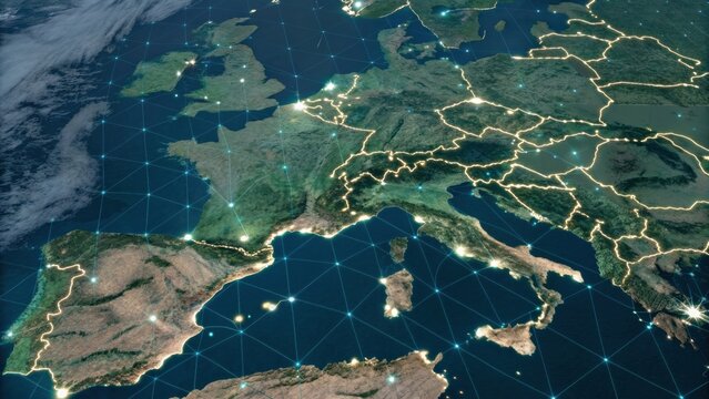 Satellite view of Western Europe with glowing borders and a digital network overlay representing connectivity and data exchange.