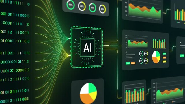 High tech digital interface showcasing an AI processor core connected to business performance charts and live data visualization modules.