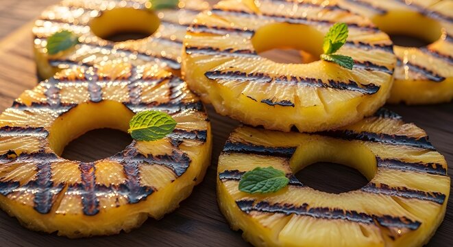 Caramelized Grilled Pineapple Rings with Golden Brown Edges and Sweet Char Marks, Juicy Tropical Fruit Dessert, Summer BBQ Side or Sweet Treat Closeup