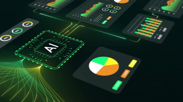 Perspective view of an AI processor core integrated with floating business data visualization modules and real time performance charts.