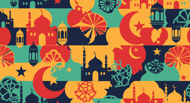 Islamic New Year Celebration Pattern with Crescent Moon, Lanterns, and Minarets in Vibrant Colors