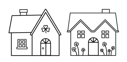 Fototapeta premium Shamrock house pattern outline template set. St. Patrick’s Day printable coloring page design. St. Patrick's Day house and shamrock coloring pages. SVG.