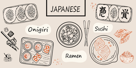 Japanese cuisine illustrations featuring sushi ramen and onigiri dishes © Topoti