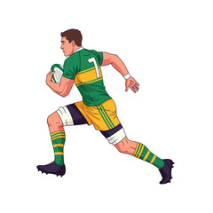 Obraz premium Rugby Player Running with Ball, Green and Yellow Uniform, Action Shot